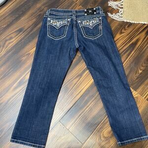 Miss Me Boyfriend Capri Dark Wash W/Gold & Rhinestone Design on Back Flap